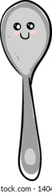 Una cuchara de plata que sale como gris. Tiene una cara sonriente en su cabeza y luce brillante., vector, dibujo de color o ilustración. 