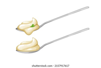 Silver spoons with cream mayonnaise sauce.View from side.Vector illustration in realistic style isolated on white background.