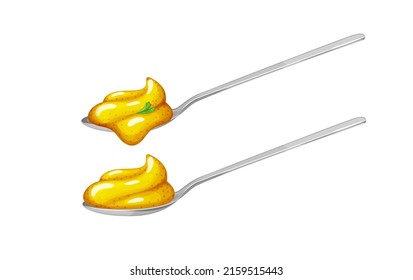 Silver spoons with creamy yellow mustard sauce.View from side.Vector illustration in realistic style isolated on white background.