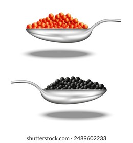 Silver spoons with red and black caviar isolated on white background, luxurious seafood delicacy realistic 3d vector food illustration.