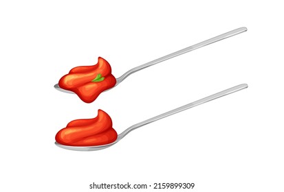 Silver spoons with red tomato ketchup sauce.View from side.Vector illustration in realistic style isolated on white background.