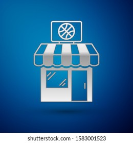 Silver Sports shop and basketball ball icon isolated on blue background. Sport store.  Vector Illustration