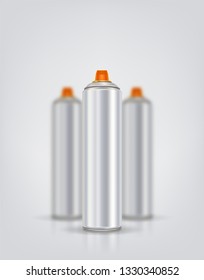 Silver spray can for graffiti on a background of blurred spray cans. Vector illustration with reflection and shadow.