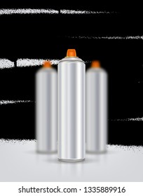 Silver spray can for graffiti on a background of blurred spray cans. Vector illustration with reflection and shadow.