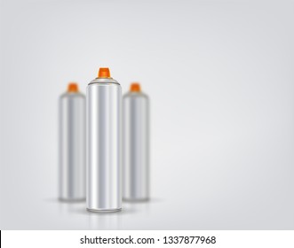 Silver spray can for graffiti on a background of blurred spray cans. Vector illustration with reflection and shadow.