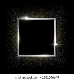 Silver square frame with glitter isolated on black background. Vector design element