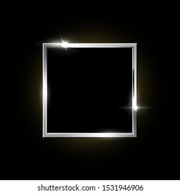 Silver square frame isolated on black background. Vector design element