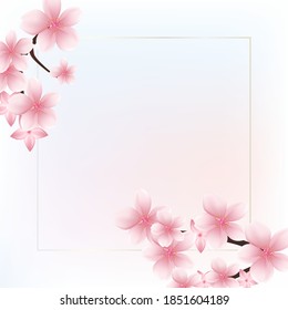 Silver square frame with realistic pink sakura flowers. Gradient mesh. Can be used as an invitation to wedding, engagement, background for an inscription, presentation, in web design, printing, banner