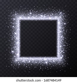 Silver square frame with sparkles and flares, abstract luminous particles, white stardust light effect isolated on a dark background. Xmas glares and sparks. Luxury backdrop. Vector illustration.