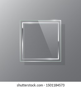 Silver square glass frame realistic vector mockup. Luxurious makeup mirror isolated on gray background. Rectangle glossy decorations illustration. Modern interior decor items