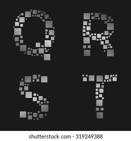 Silver square metal alphabet. Q R S T letter set
