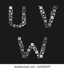 Silver square metal alphabet. U V W letter set