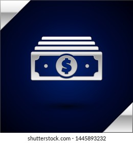 Silver Stacks paper money cash icon isolated on dark blue background. Money banknotes stacks. Bill currency.  Vector Illustration