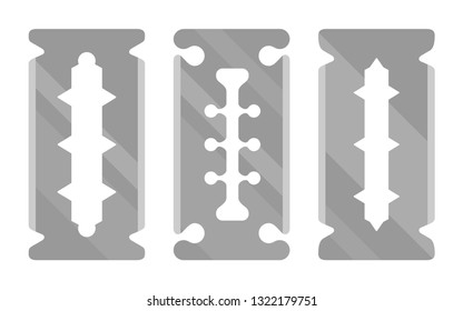 Silver stainless steel double edge blade, razor blade. Flat icon set. Vector