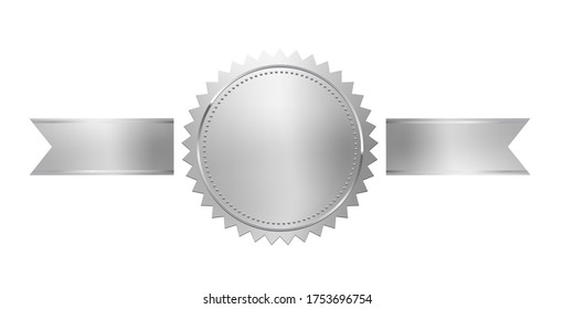 Silver stamp with horizontal ribbons isolated on white background. Luxury chrome seal. Vector design element