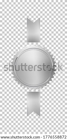Silver stamp with vertical ribbons isolated on transparent background. Luxury chrome seal. Vector design element