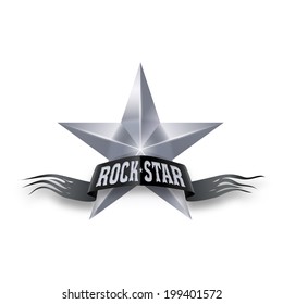 Silver star with black torn Rock Star banner. Illustration on white background