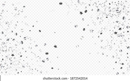 Silver Star Carnival Vector Transparent Background. Celebration Confetti Poster. Streamer Celebrate Illustration. Silver Abstract Template.