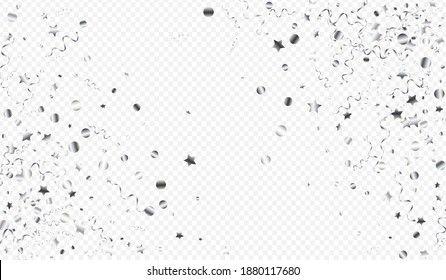 Silver Star Carnival Vector Transparent Background. Celebration Confetti Poster. Streamer Celebrate Illustration. Silver Abstract Template.