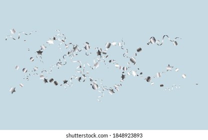 Silver Star Christmas Vector Blue Background. Carnival Streamer Plant. Ribbon Party Branch. Silver Festive Invitation.