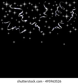 Silver star confetti celebration isolated on black background. Falling abstract decoration for party, birthday celebrate, anniversary or Christmas, New Year. Festival decor. Vector illustration