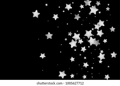 Silver star confetti. Falling starry anniversary background. Grey and black vector christmas card. Random silver stars on black background. Dark sky with white shiny watercolor stars. Flying confetti.