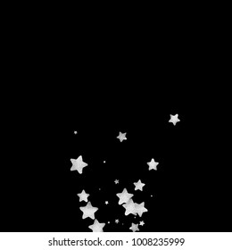 Silver star confetti. Falling starry anniversary background. Grey and black vector christmas card. Random silver stars on black background. Dark sky with white shiny watercolor stars. Flying confetti.