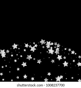 Silver star confetti. Falling starry anniversary background. Grey and black vector christmas card. Random silver stars on black background. Dark sky with white shiny watercolor stars. Flying confetti.