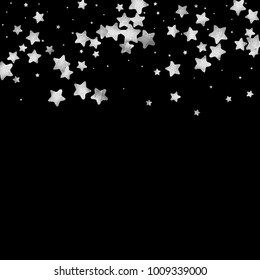 Silver star confetti. Falling starry anniversary background. Grey and black vector christmas card. Random silver stars on black background. Dark sky with white shiny watercolor stars. Flying confetti.