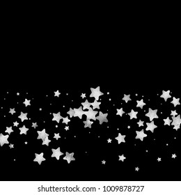 Silver star confetti. Falling starry anniversary background. Grey and black vector christmas card. Random silver stars on black background. Dark sky with white shiny watercolor stars. Flying confetti.