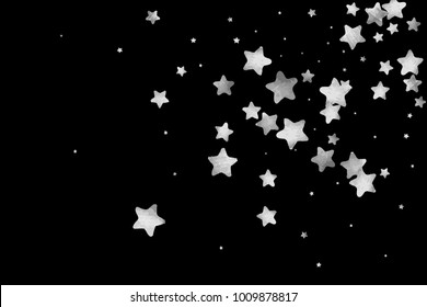 Silver star confetti. Falling starry anniversary background. Grey and black vector christmas card. Random silver stars on black background. Dark sky with white shiny watercolor stars. Flying confetti.