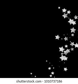 Silver star confetti. Falling starry anniversary background. Grey and black vector christmas card. Random silver stars on black background. Dark sky with white shiny watercolor stars. Flying confetti.