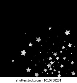 Silver star confetti. Falling starry anniversary background. Grey and black vector christmas card. Random silver stars on black background. Dark sky with white shiny watercolor stars. Flying confetti.