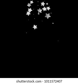 Silver star confetti. Falling starry anniversary background. Grey and black vector christmas card. Random silver stars on black background. Dark sky with white shiny watercolor stars. Flying confetti.