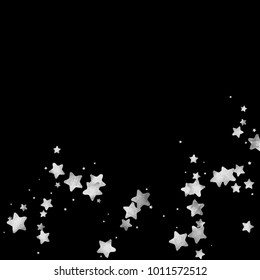 Silver star confetti. Falling starry anniversary background. Grey and black vector christmas card. Random silver stars on black background. Dark sky with white shiny watercolor stars. Flying confetti.