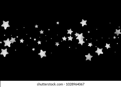 Silver star confetti. Falling starry anniversary background. Grey and black vector christmas card. Random silver stars on black background. Dark sky with white shiny watercolor stars. Flying confetti.