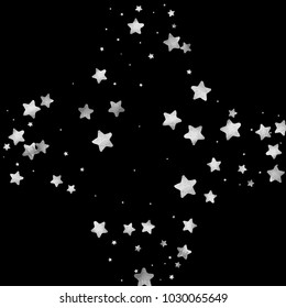 Silver star confetti. Falling starry anniversary background. Grey and black vector christmas card. Random silver stars on black background. Dark sky with white shiny watercolor stars. Flying confetti.
