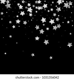 Silver star confetti. Falling starry anniversary background. Grey and black vector christmas card. Random silver stars on black background. Dark sky with white shiny watercolor stars. Flying confetti.