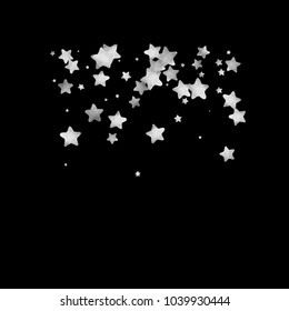 Silver star confetti. Falling starry anniversary background. Grey and black vector christmas card. Random silver stars on black background. Dark sky with white shiny watercolor stars. Flying confetti.