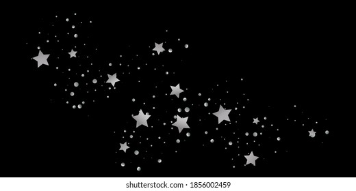 Estrella plateada de confetti. Se está cayendo el fondo estrellado. Las estrellas al azar brillan en un fondo negro. El cielo oscuro con estrellas brillantes. Confeti volador. Adecuado para tu diseño, tarjetas, invitaciones, regalos. 