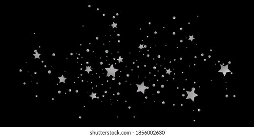 Estrella plateada de confetti. Se está cayendo el fondo estrellado. Las estrellas al azar brillan en un fondo negro. El cielo oscuro con estrellas brillantes. Confeti volador. Adecuado para tu diseño, tarjetas, invitaciones, regalos. 