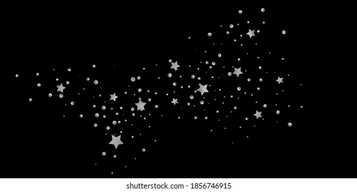Estrella plateada de confetti. Se está cayendo el fondo estrellado. Las estrellas al azar brillan en un fondo negro. El cielo oscuro con estrellas brillantes. Confeti volador. Adecuado para tu diseño, tarjetas, invitaciones, regalos. 