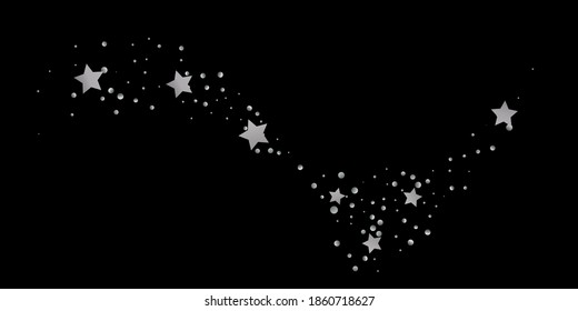 Silver star of confetti. Falling starry background. Random stars shine on a black background. The dark sky with shining stars. Flying confetti. Suitable for your design, cards, invitations, gifts. 