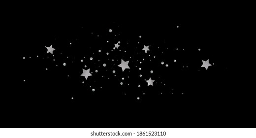 Silver star of confetti. Falling starry background. Random stars shine on a black background. The dark sky with shining stars. Flying confetti. Suitable for your design, cards, invitations, gifts. 