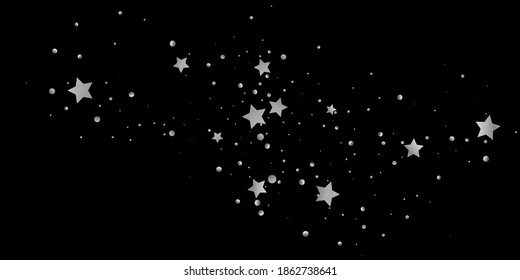 Silver star of confetti. Falling starry background. Random stars shine on a black background. The dark sky with shining stars. Flying confetti. Suitable for your design, cards, invitations, gifts. 