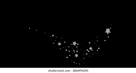 Silver star of confetti. Falling starry background. Random stars shine on a black background. The dark sky with shining stars. Flying confetti. Suitable for your design, cards, invitations, gifts. 