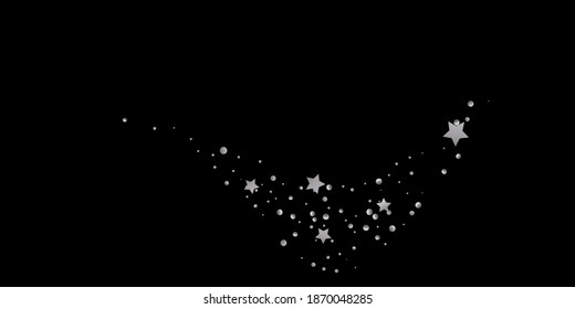 Silver star of confetti. Falling starry background. Random stars shine on a black background. The dark sky with shining stars. Flying confetti. Suitable for your design, cards, invitations, gifts. 