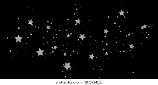 Estrella plateada de confetti. Se está cayendo el fondo estrellado. Las estrellas al azar brillan en un fondo negro. El cielo oscuro con estrellas brillantes. Confeti volador. Adecuado para tu diseño, tarjetas, invitaciones, regalos. 