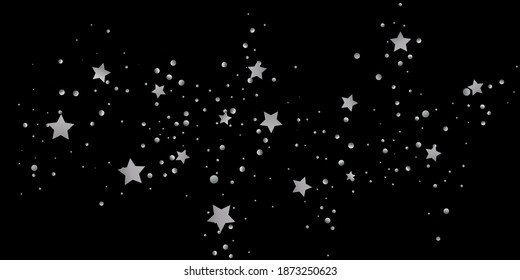 Silver star of confetti. Falling starry background. Random stars shine on a black background. The dark sky with shining stars. Flying confetti. Suitable for your design, cards, invitations, gifts. 