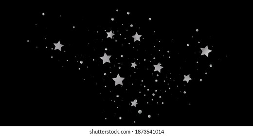 Silver star of confetti. Falling starry background. Random stars shine on a black background. The dark sky with shining stars. Flying confetti. Suitable for your design, cards, invitations, gifts. 